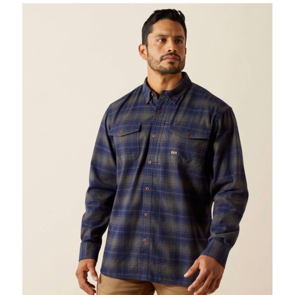 Ariat Rebar Mens Navy Plaid Durastretch Flannel‎ Work Shirt 10062532 Size M NEW